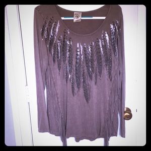 Vocal Long sleeve Fringes and Feathers Tan Blouse